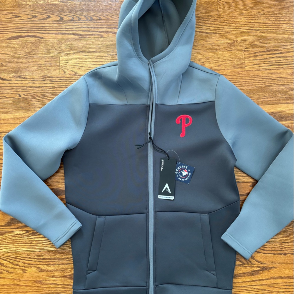 Philadelphia Phillies Neoprene Men’s Jacket Hooded Front Zip Gray Sz M Antigua